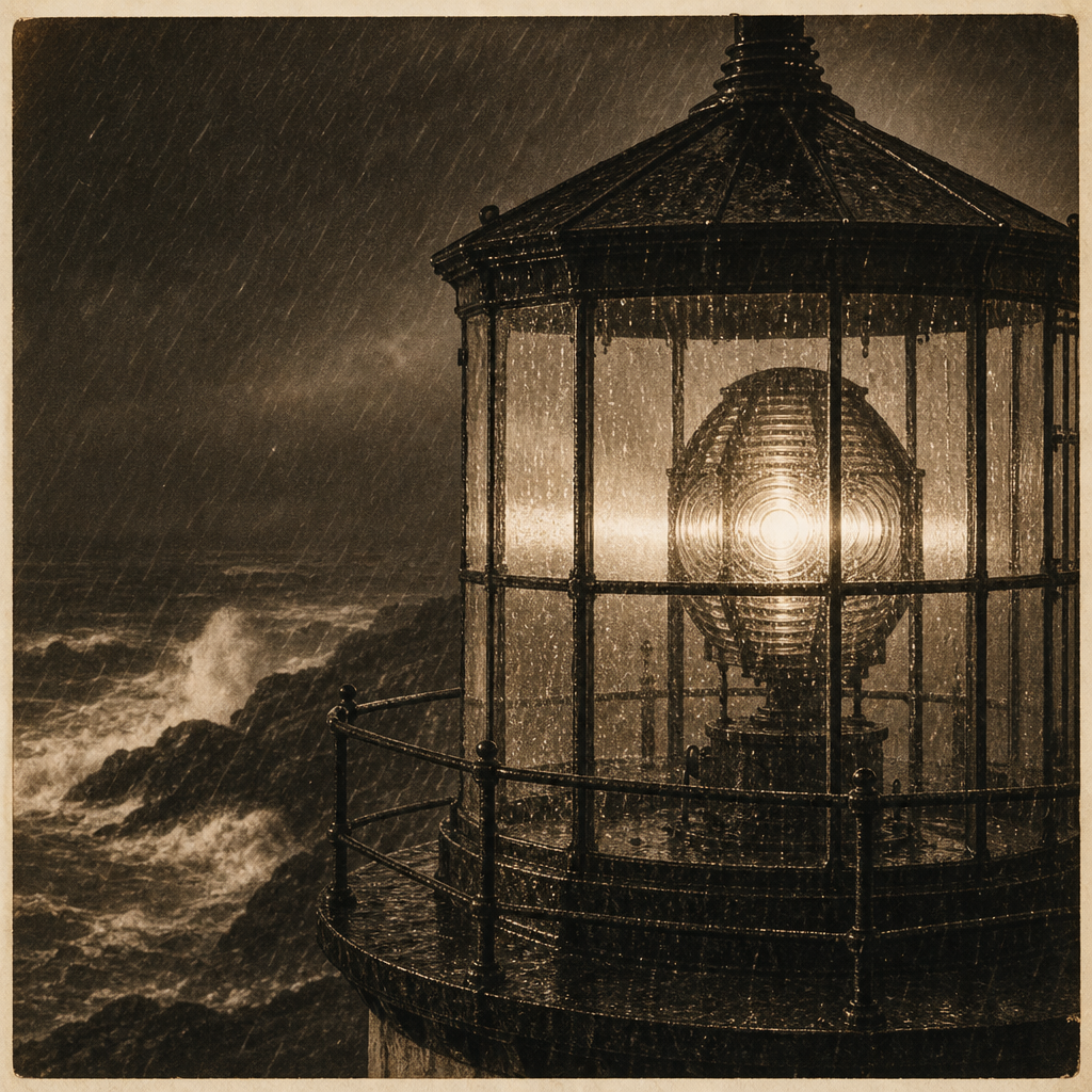 Sepia archival-style inset of a lighthouse lantern room in heavy rain and wind
