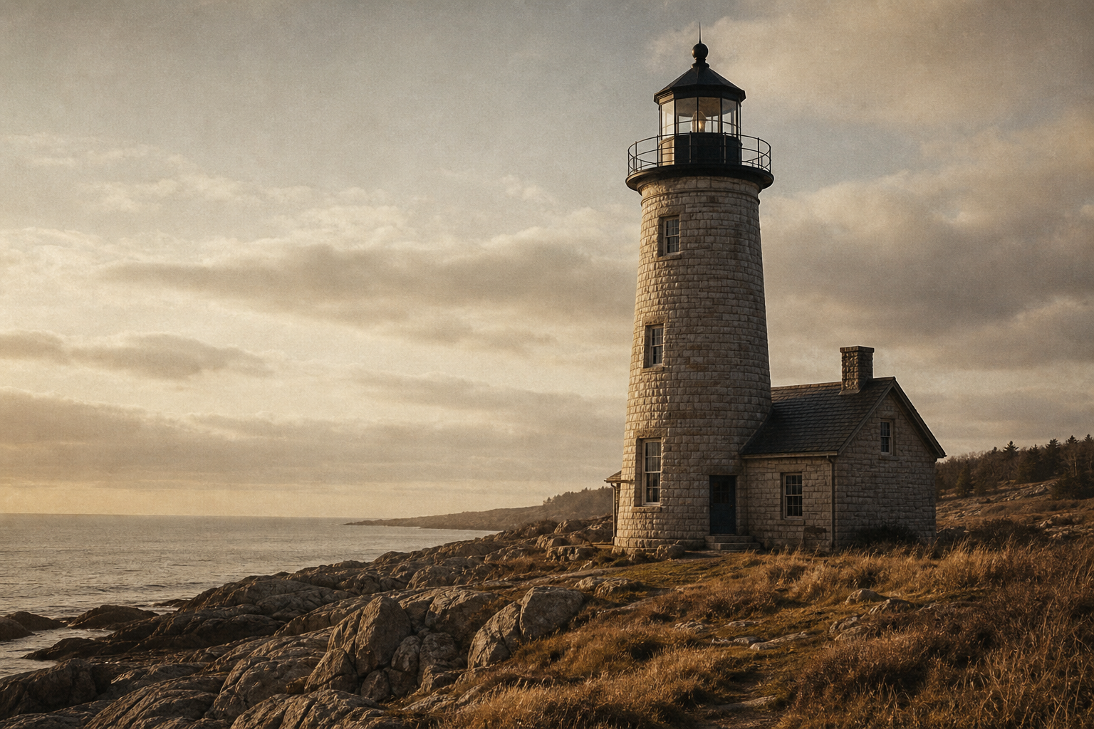 Stone lighthouse tower exterior on a wind-cleared northern coast