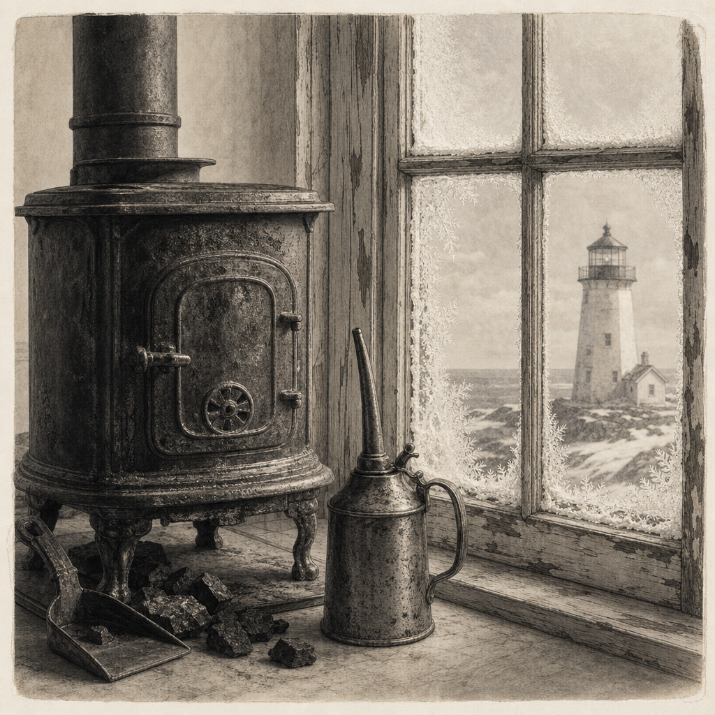 Small monochrome archival motif of a coal stove, oil can, and snow-frosted lighthouse window