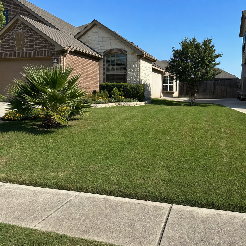Split before and after lawn mowing result showing overgrown grass versus a neatly cut residential yard