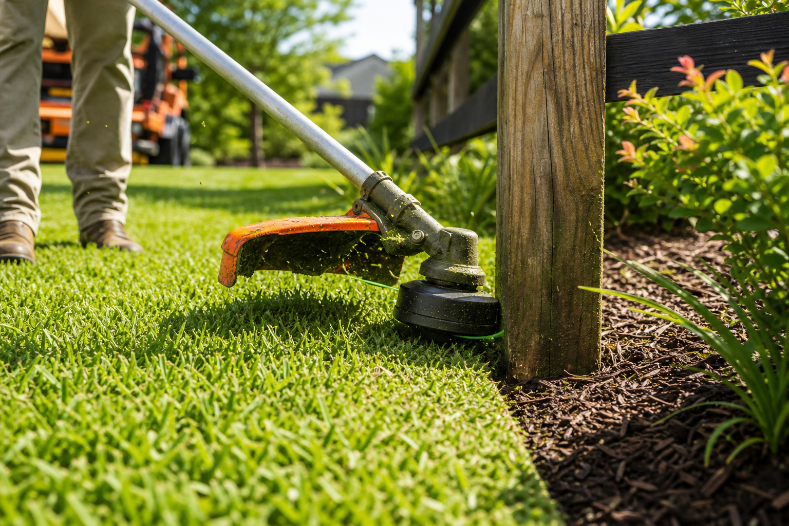 Weed eater trimming around a fence line, not hedge trimming, with neat grass edges