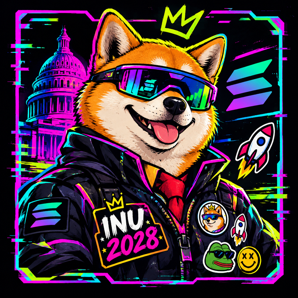 Chaotic cartoon Inu 2028 mascot in a campaign-style jacket with futuristic sunglasses and glitch stickers