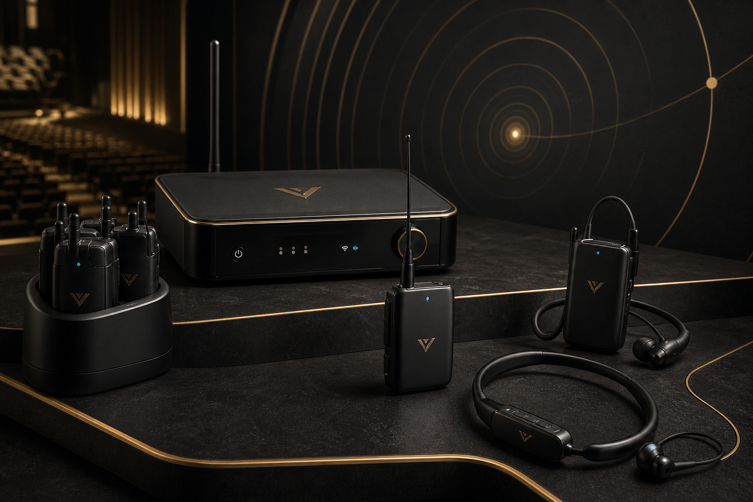 Professional wireless listening device display for venue environments, shown in a premium product staging with subtle signal-line graphics