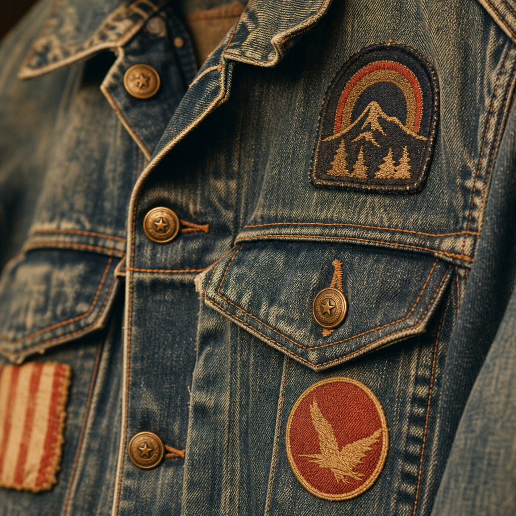 Close-up of a faded denim jacket with vintage brass buttons and stitched patches