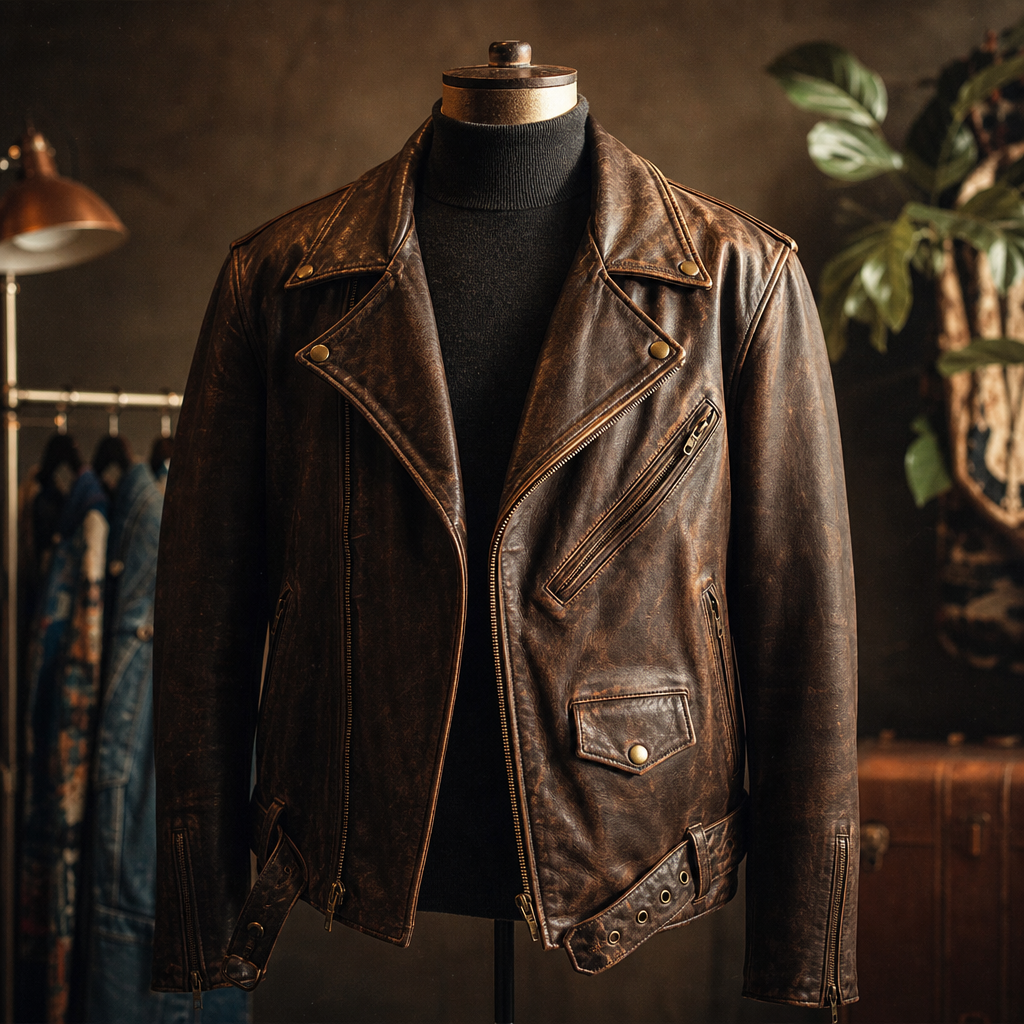 Cinematic studio photo of a tall vintage leather moto jacket in deep brown with oversized shoulders and brass zippers, styled on a mannequin with a charcoal turtleneck