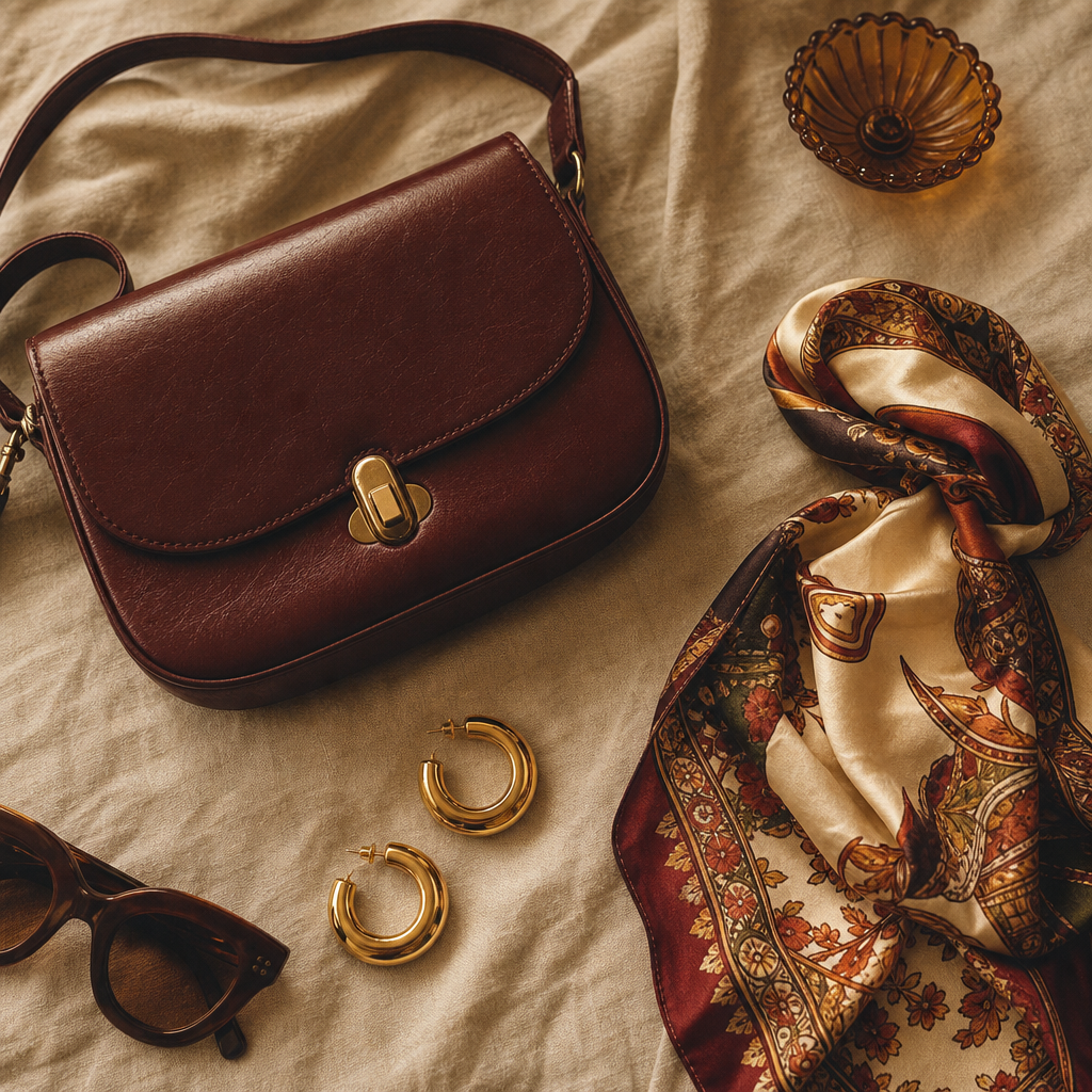 Flat lay of vintage accessories including a burgundy leather shoulder bag, gold hoop earrings, and a patterned silk scarf on a neutral linen backdrop