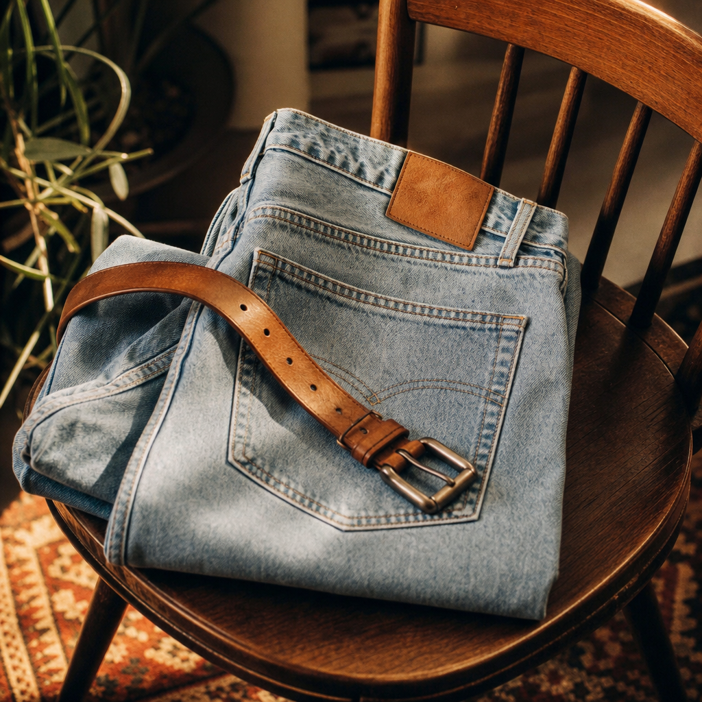 Warm film photograph of high-waisted light-wash vintage jeans folded on a wooden chair with a tan belt and stitched back pockets