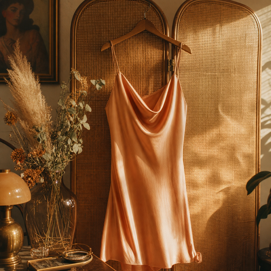 Editorial image of a peach-toned satin slip dress on a hanger, draped over a rattan screen with warm golden light