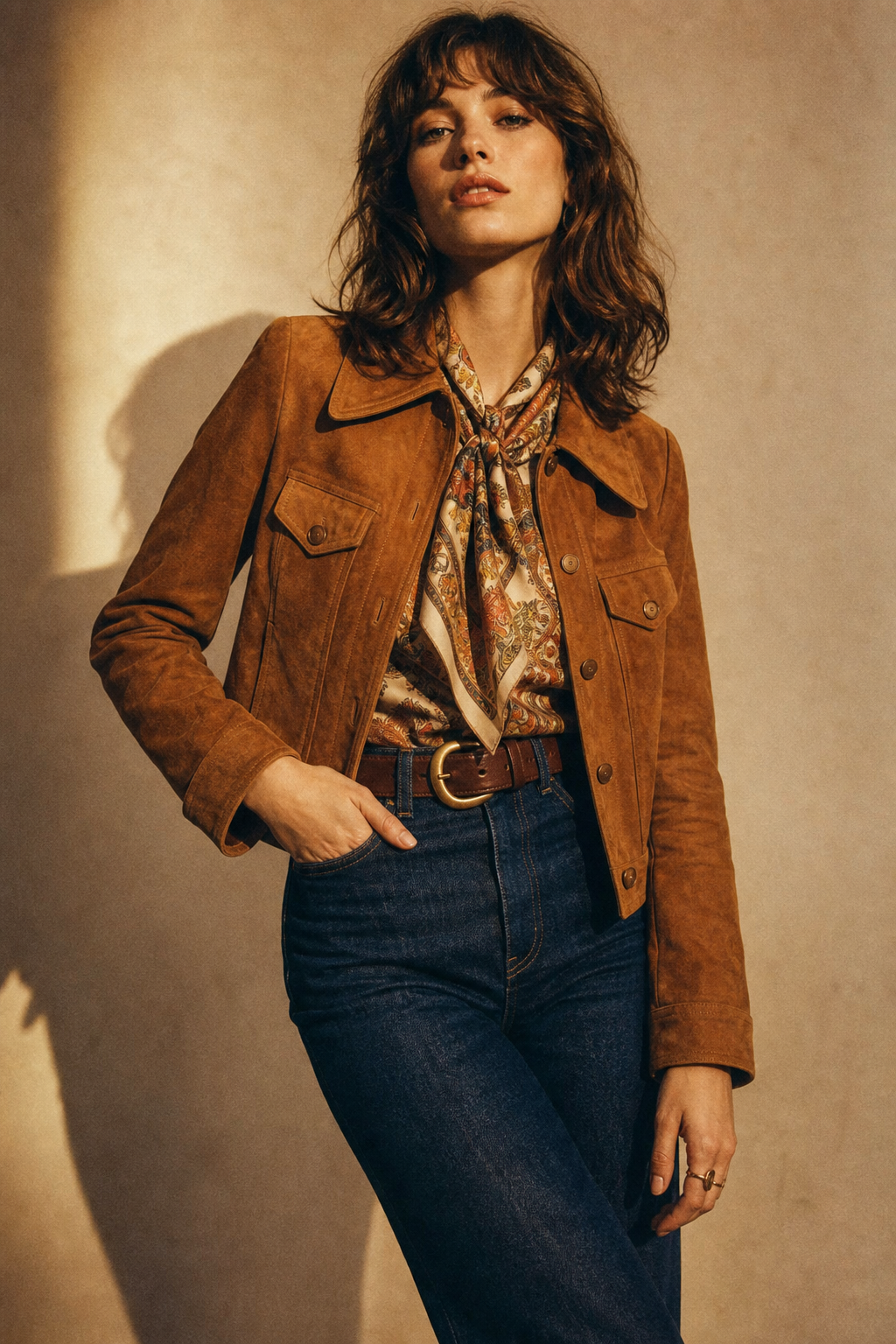 Studio portrait of a model in a caramel suede 70s jacket, high-waist denim, and silk scarf under warm film lighting