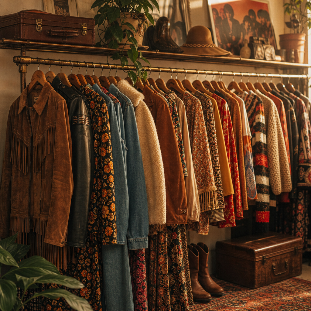 Warm, softly lit vintage clothing rack filled with 70s and 80s jackets and dresses