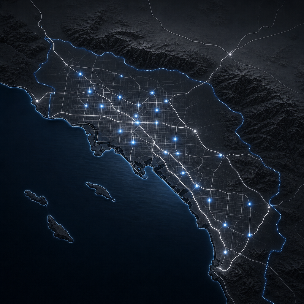 Abstract map-style graphic highlighting Greater Los Angeles and North Orange County service clusters
