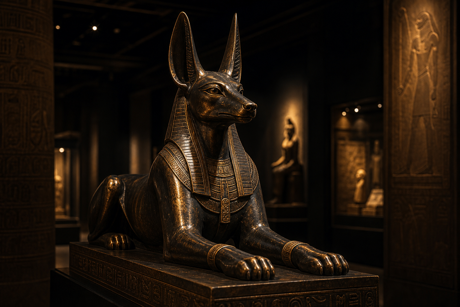 Bronze Anubis statue with a jackal head, set against a dim museum backdrop