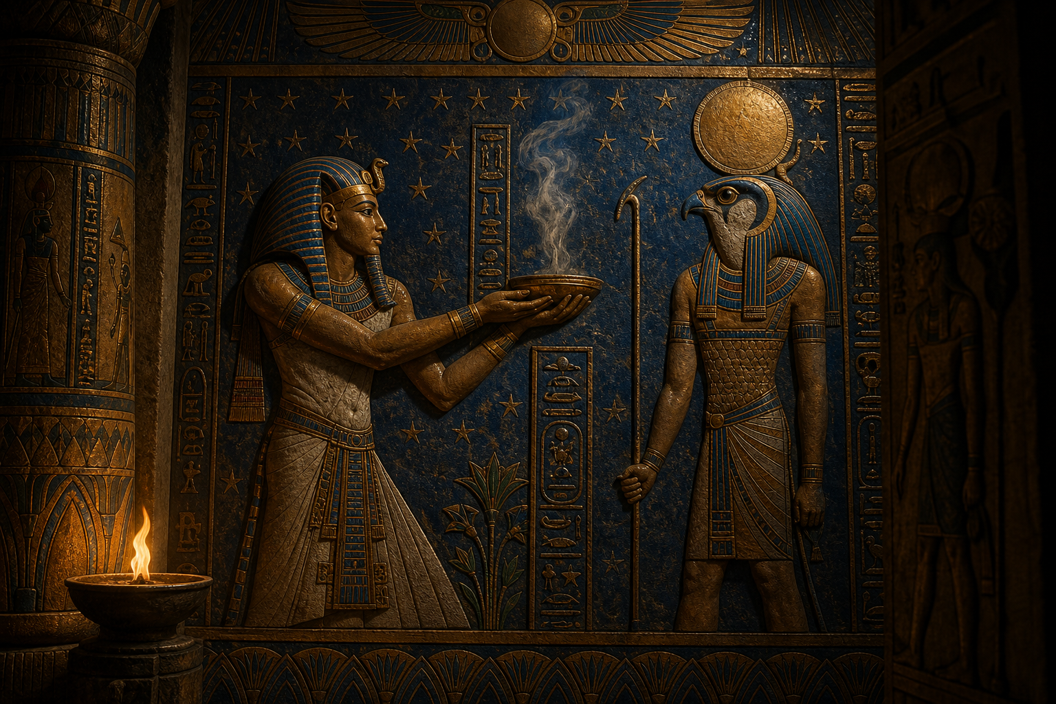 Ornate ancient Egyptian temple mural with gold and lapis tones depicting a pharaoh offering to a falcon-headed god under starry hieroglyphs