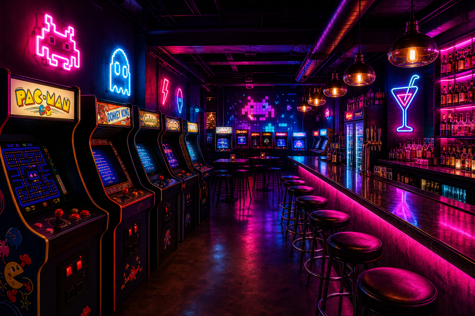 Neon-lit arcade bar interior with glowing game cabinets, colorful lights, and a lively nightlife atmosphere