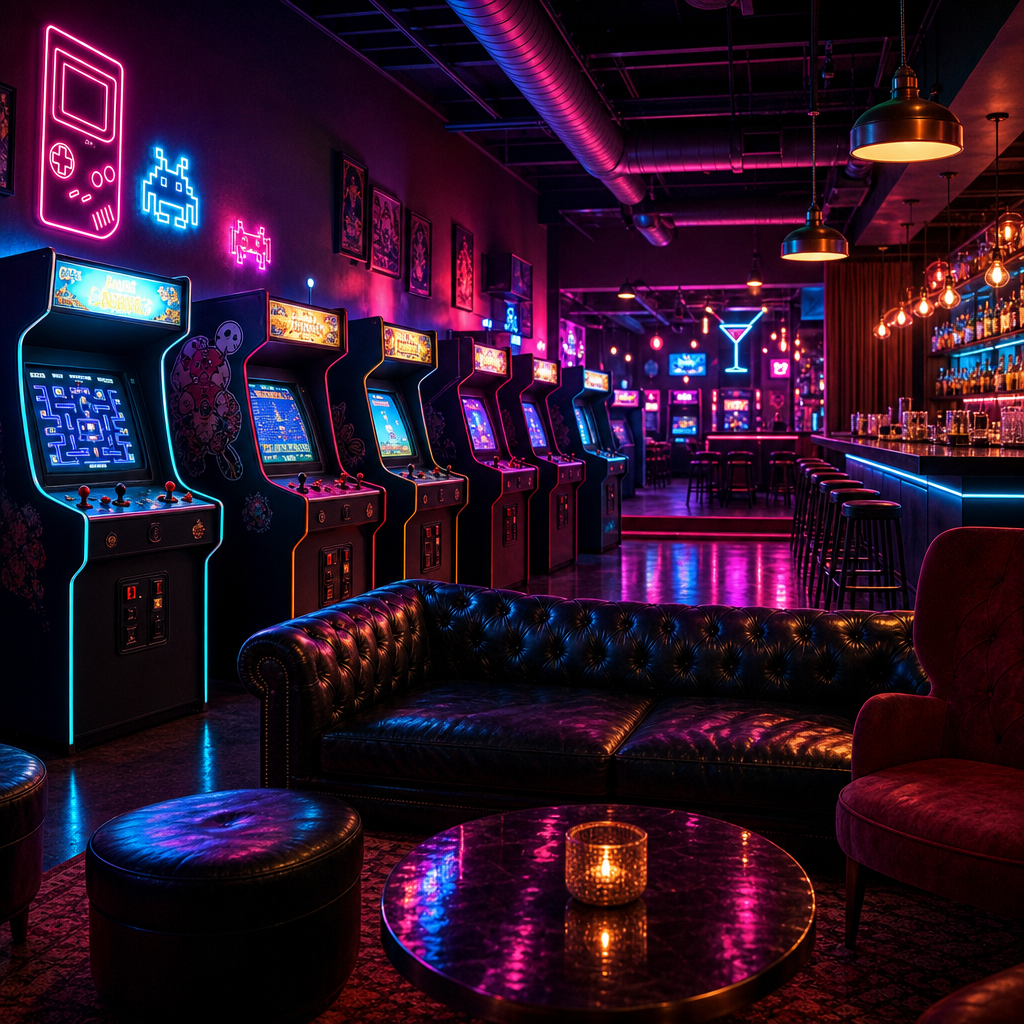 Interior of a neon-lit retro arcade bar with glowing cabinets and lounge seating