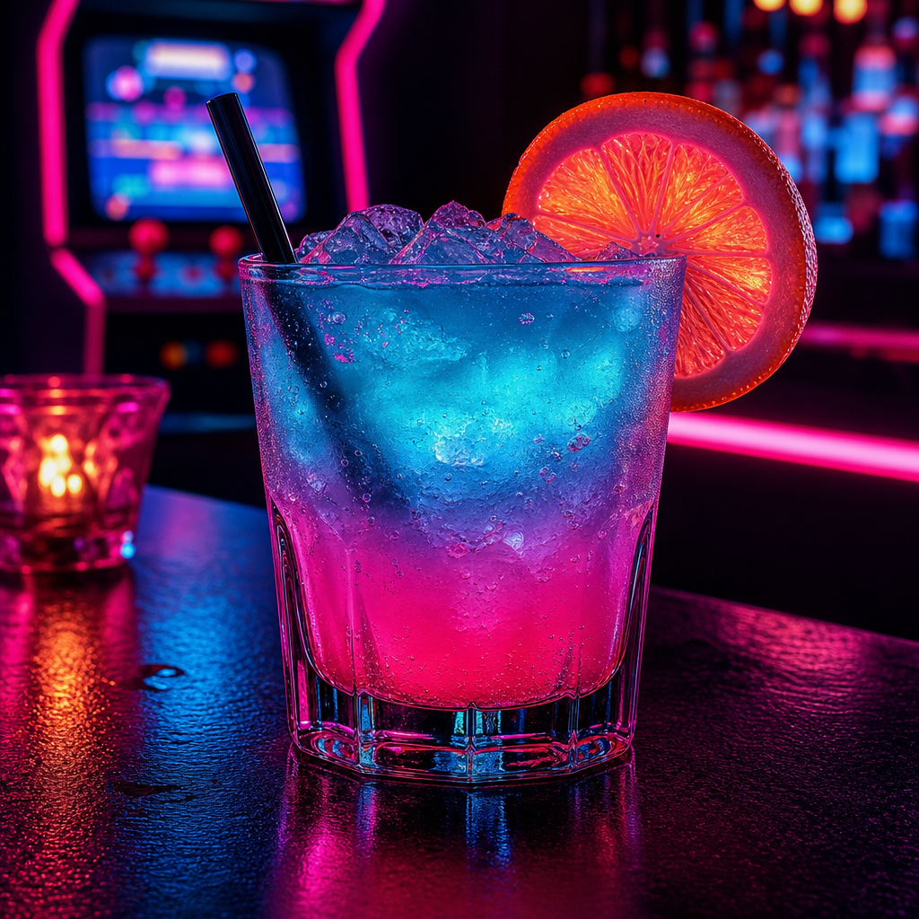 Vibrant magenta and cyan cocktail with a glowing garnish on a dark bar