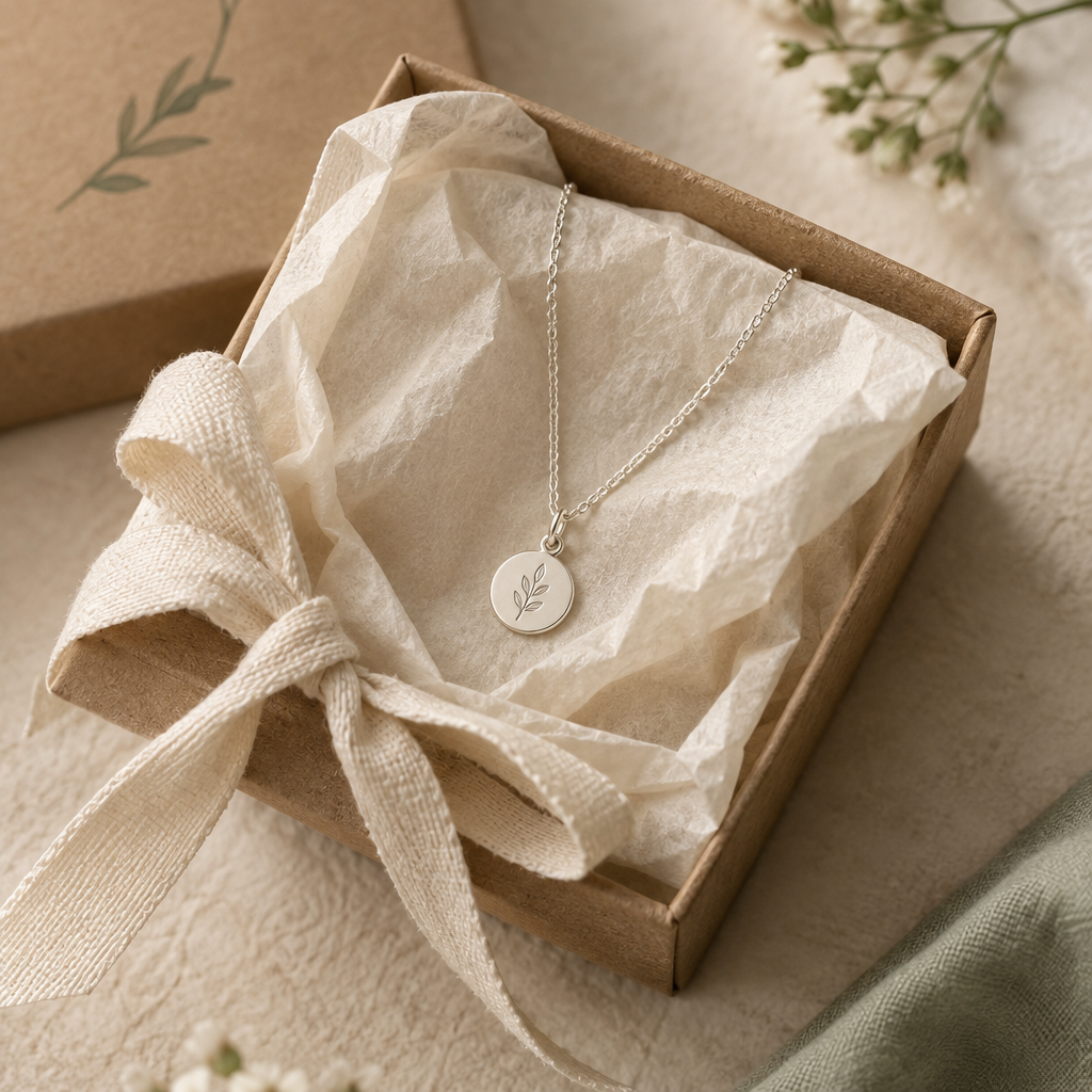 Close view of a silver necklace carefully wrapped in cream tissue and tied with natural cotton ribbon