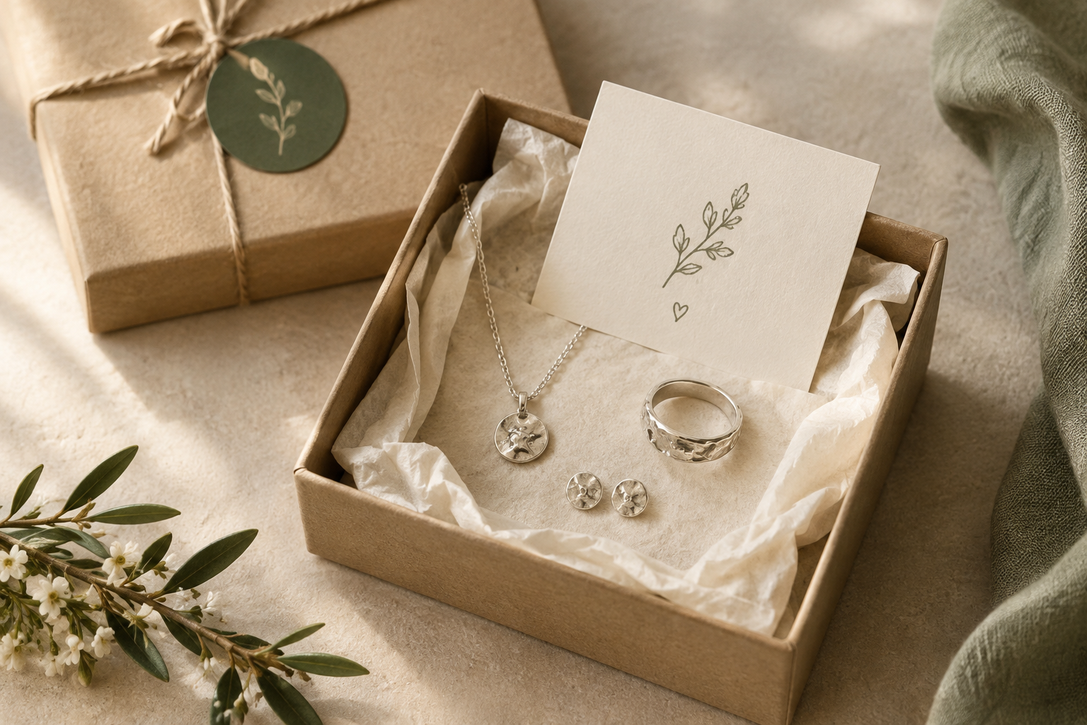 Handmade silver jewelry nestled in a small-batch gift box with soft tissue and a handwritten card