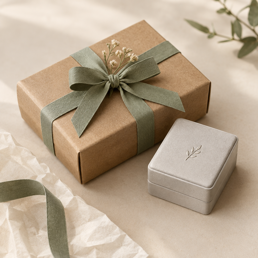 Compact kraft-paper parcel with a sage ribbon and a small silver jewelry box ready for shipping