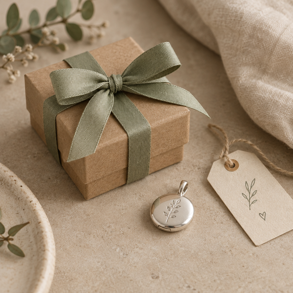 Small kraft jewelry box tied with a muted sage ribbon beside a silver keepsake and handwritten gift tag