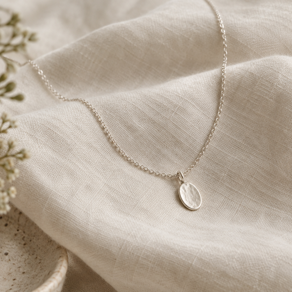 Delicate sterling silver necklace with a small oval pendant arranged on softly folded natural linen