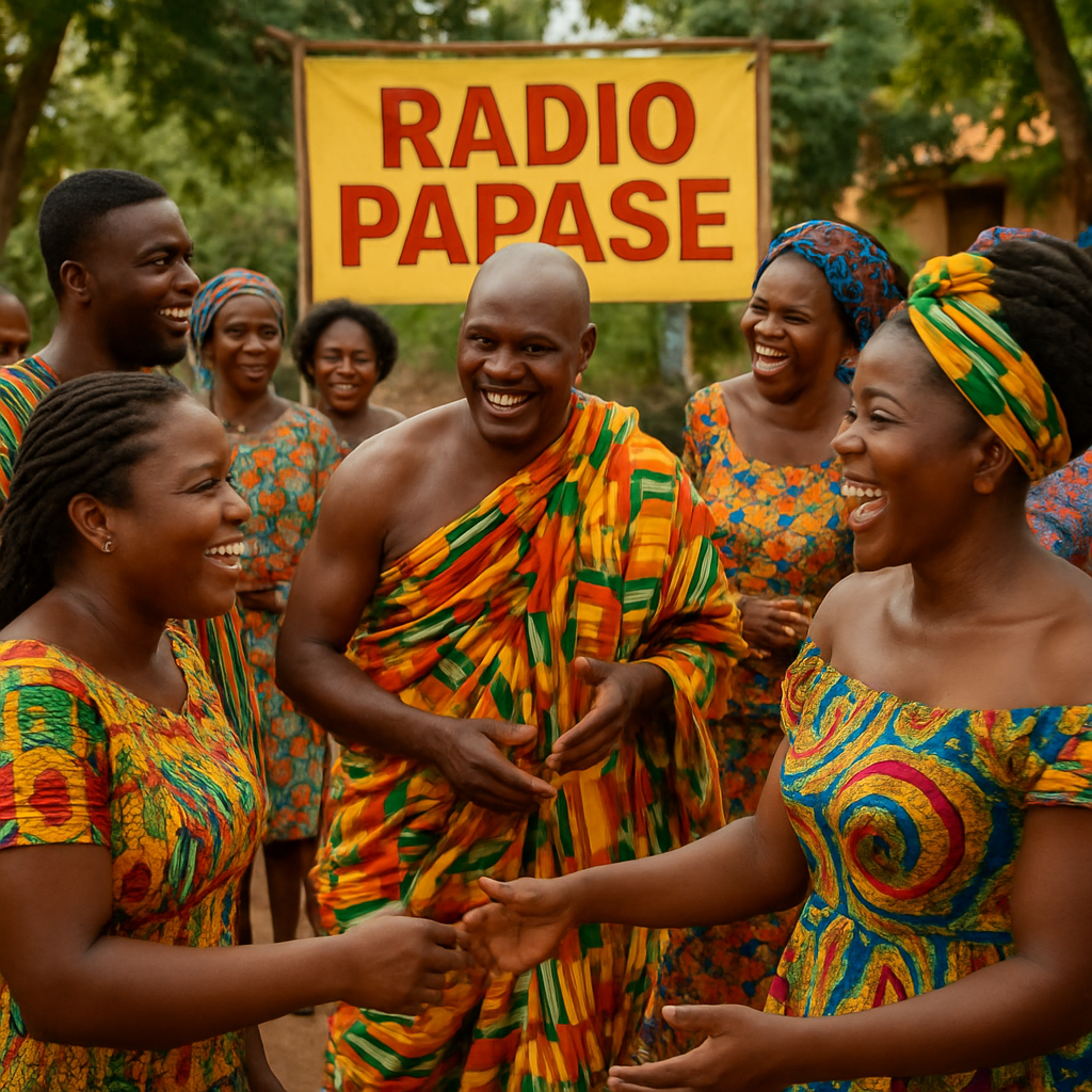 Radio Papase community gathering with people in colorful Ghanaian attire