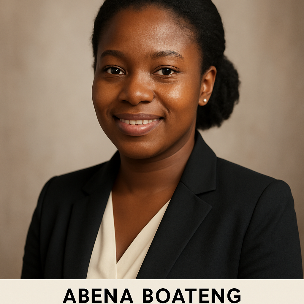 Abena Boateng, Health Programs Coordinator, in professional attire, radiating warmth and focus.