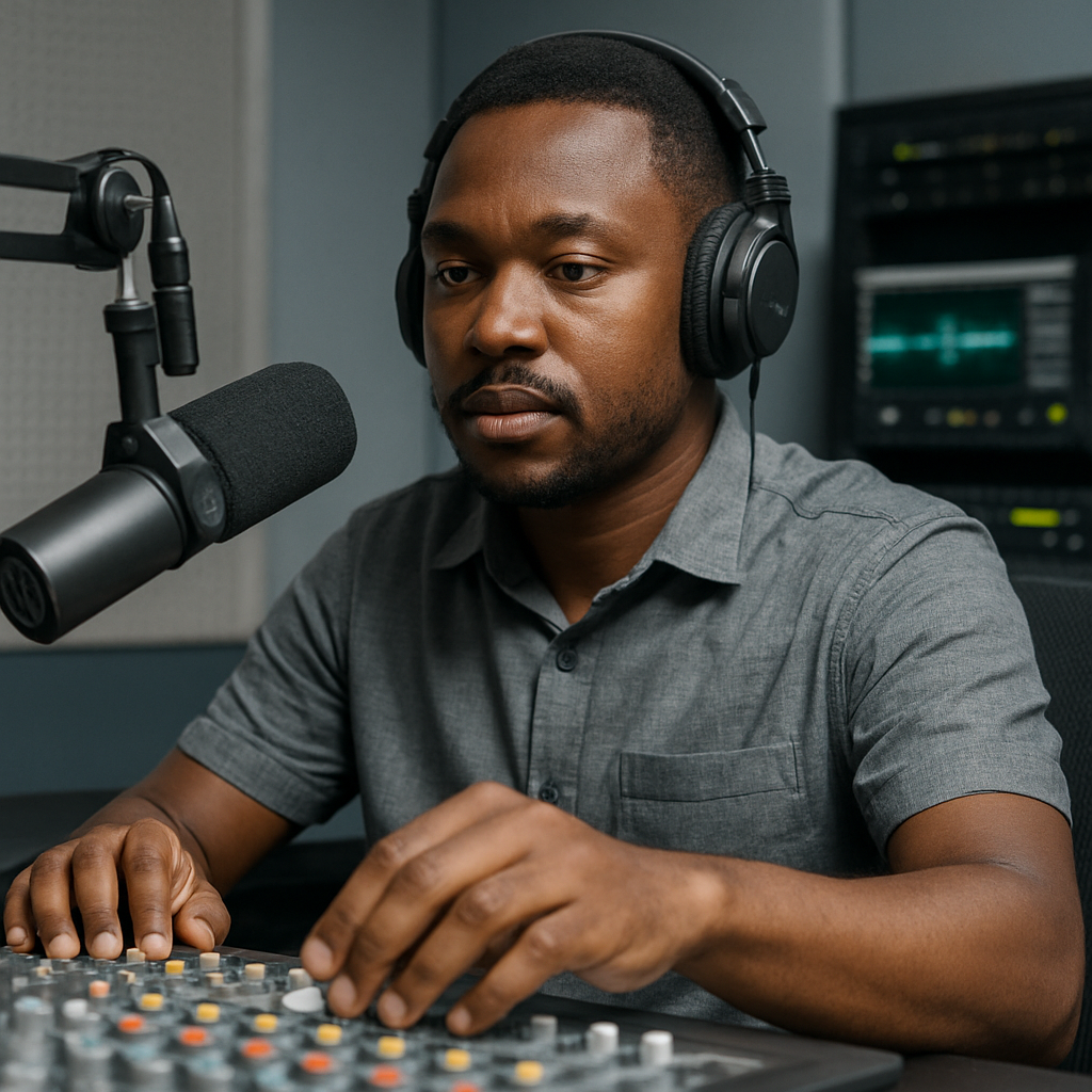 Kojo Asare, Technical Lead, adjusting audio equipment in the radio studio.