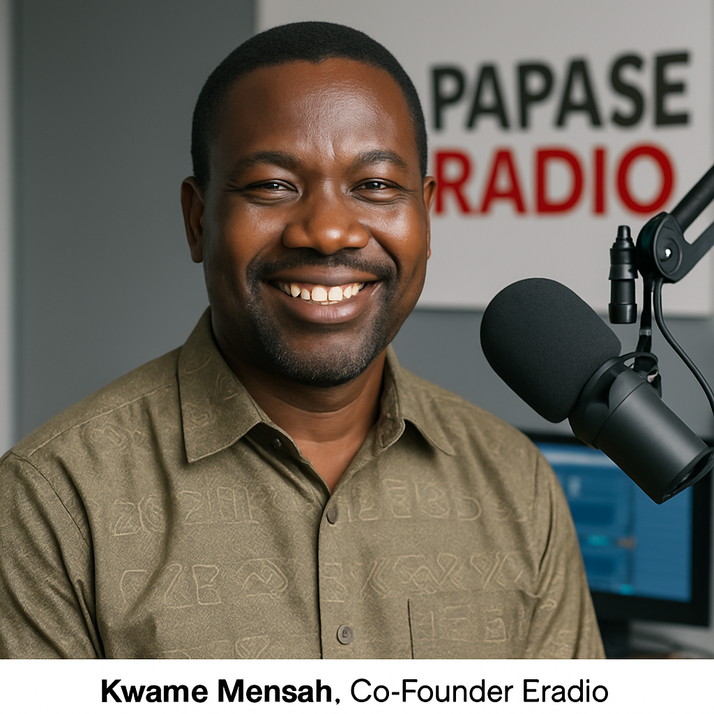 Kwame Mensah, Co-Founder and Station Director, smiling confidently in a Ghanaian patterned shirt.