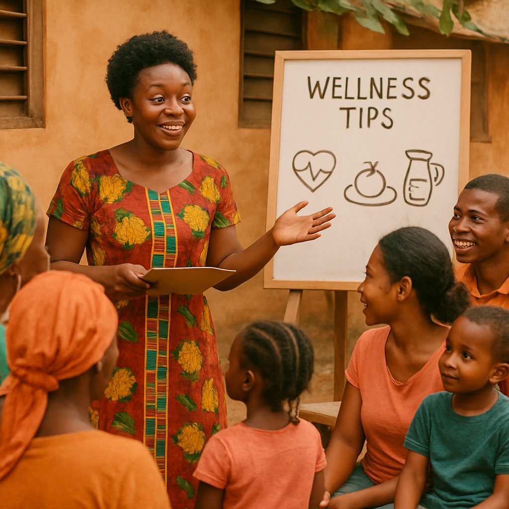 Health advocate sharing wellness tips with families in a local Ghanaian setting