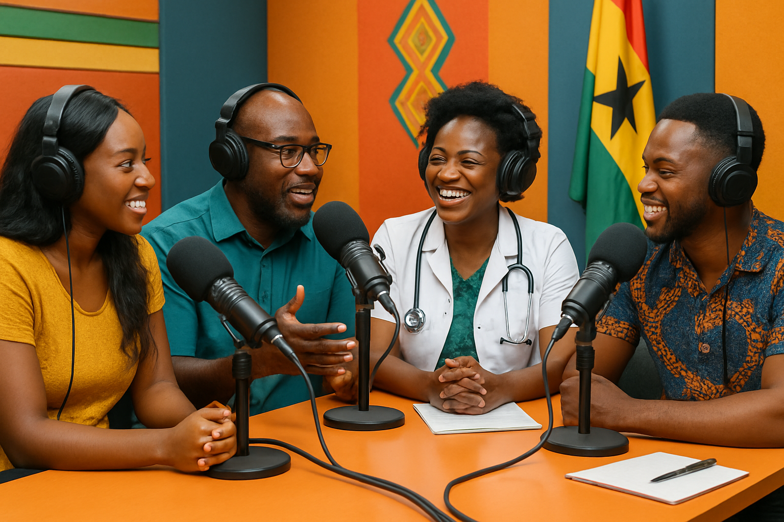 Radio hosts and health experts in a vibrant studio discussing public health in Ghana