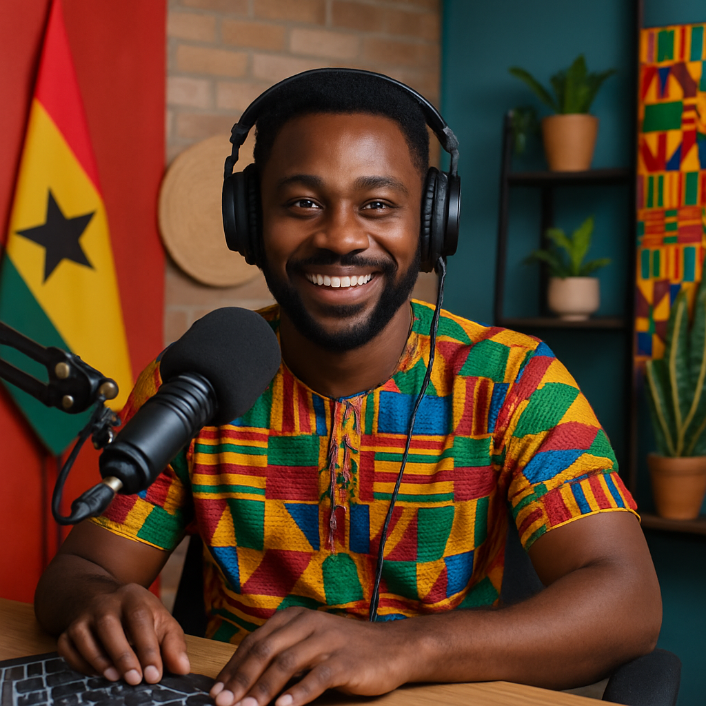 Ghanaian radio presenter smiling at microphone in a vibrant studio