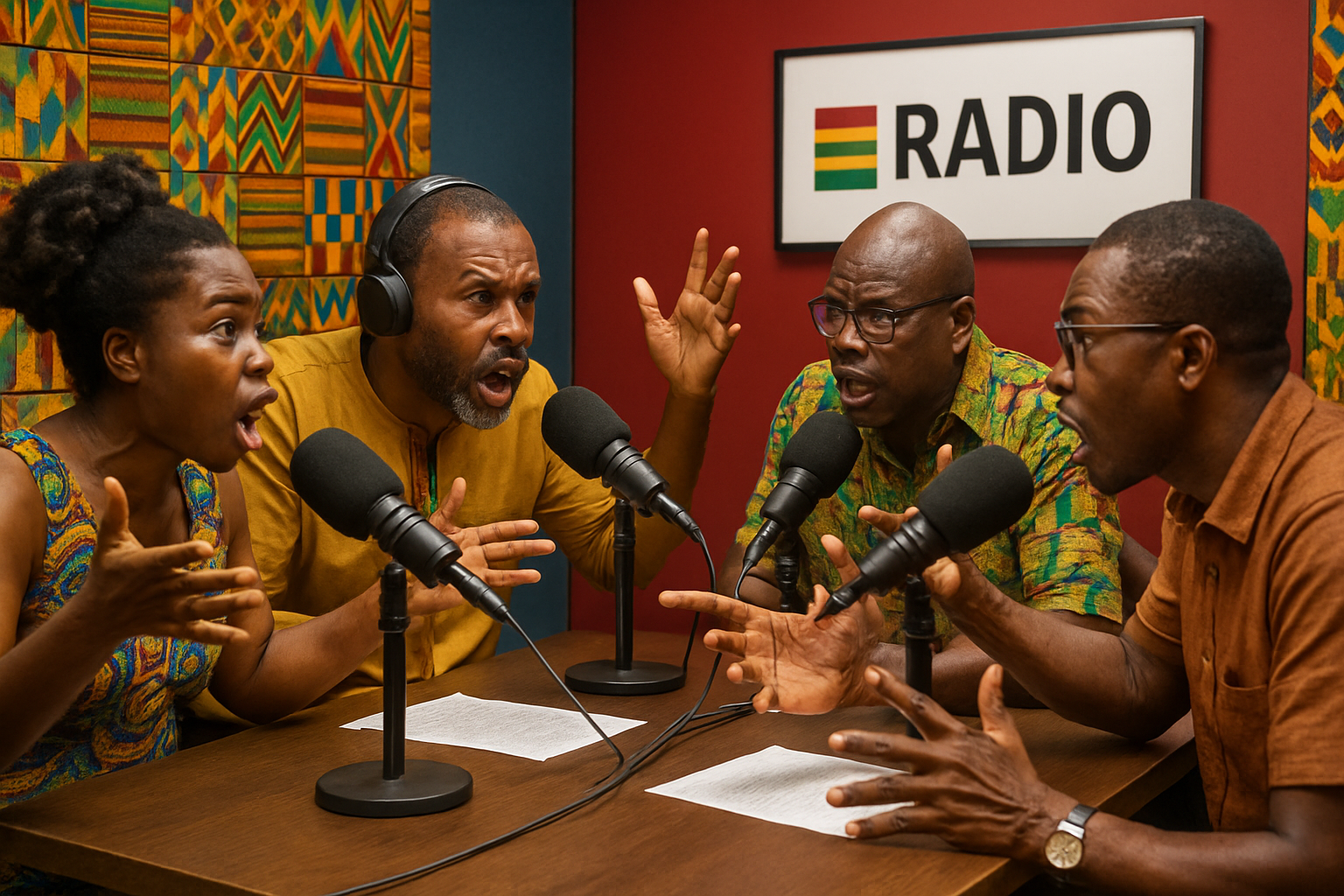 Ghanaian radio hosts and community members engaged in a passionate hard talk discussion about development and governance, with microphones and expressive gestures, in a vibrant studio blending modern and African elements