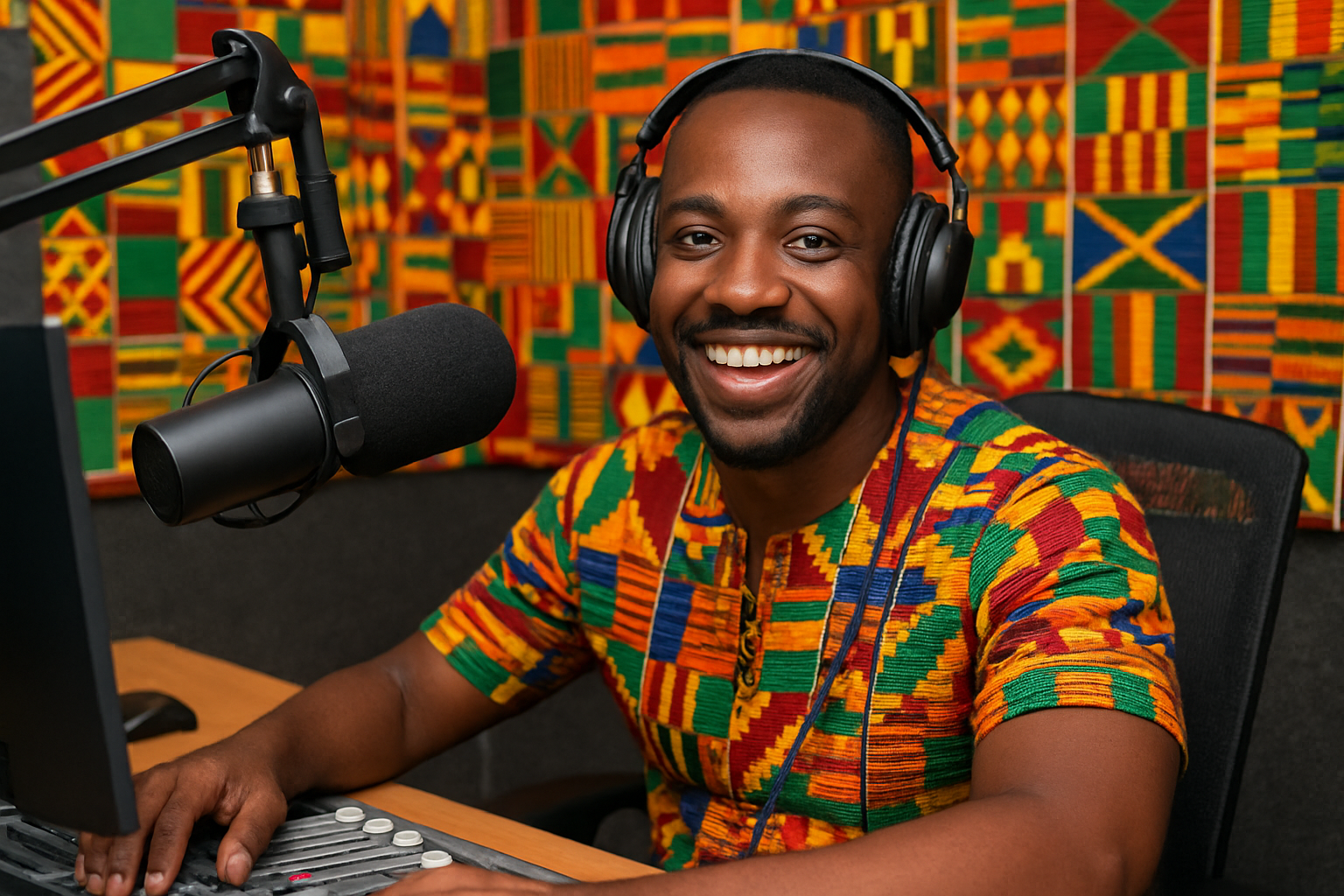 Ghanaian radio presenter at microphone with vibrant kente textile
