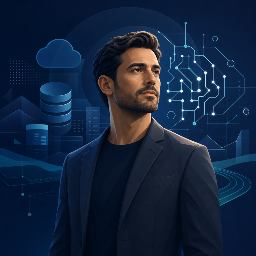 Abstract professional avatar with slate jacket and geometric AI circuitry pattern, confident advisory presence