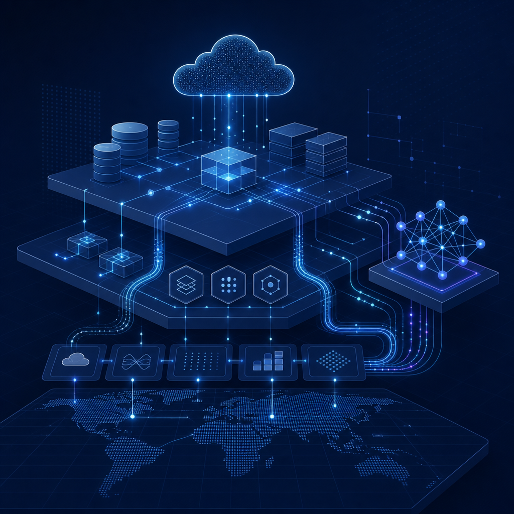 Abstract enterprise cloud architecture diagram with layered data flows, AI orchestration nodes, and system connectors