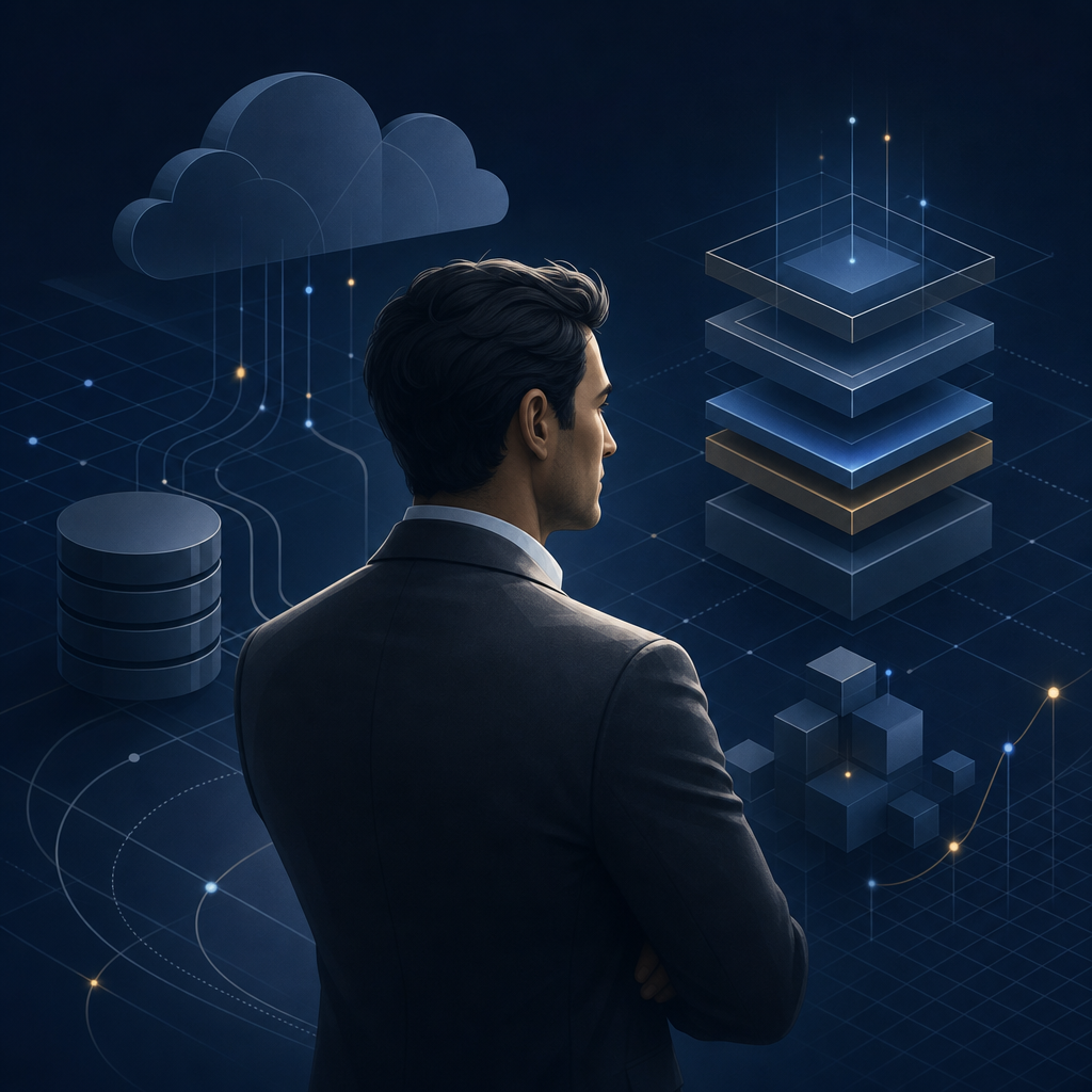 Abstract professional avatar with graphite suit and layered data stack motif, strategic data platform focus