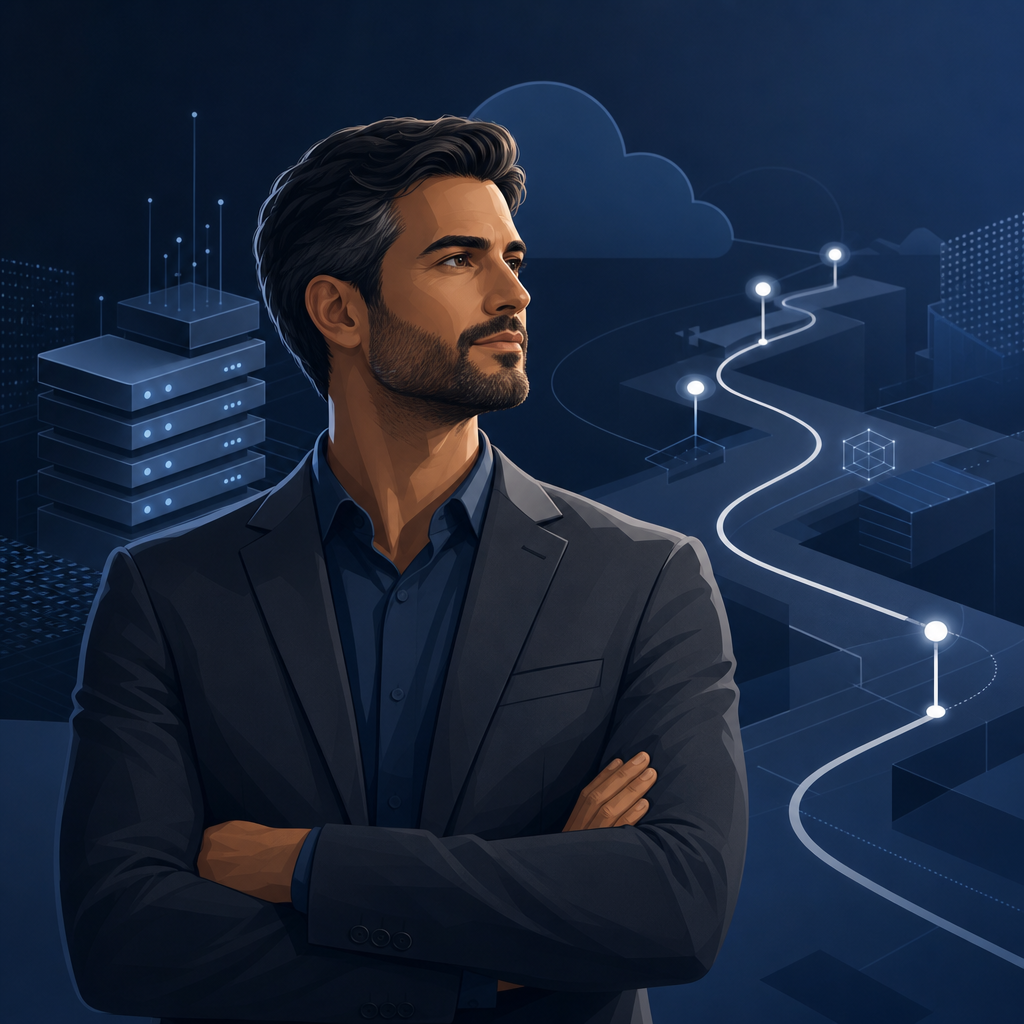 Abstract professional avatar with charcoal blazer and modernization roadmap lines, enterprise transformation focus