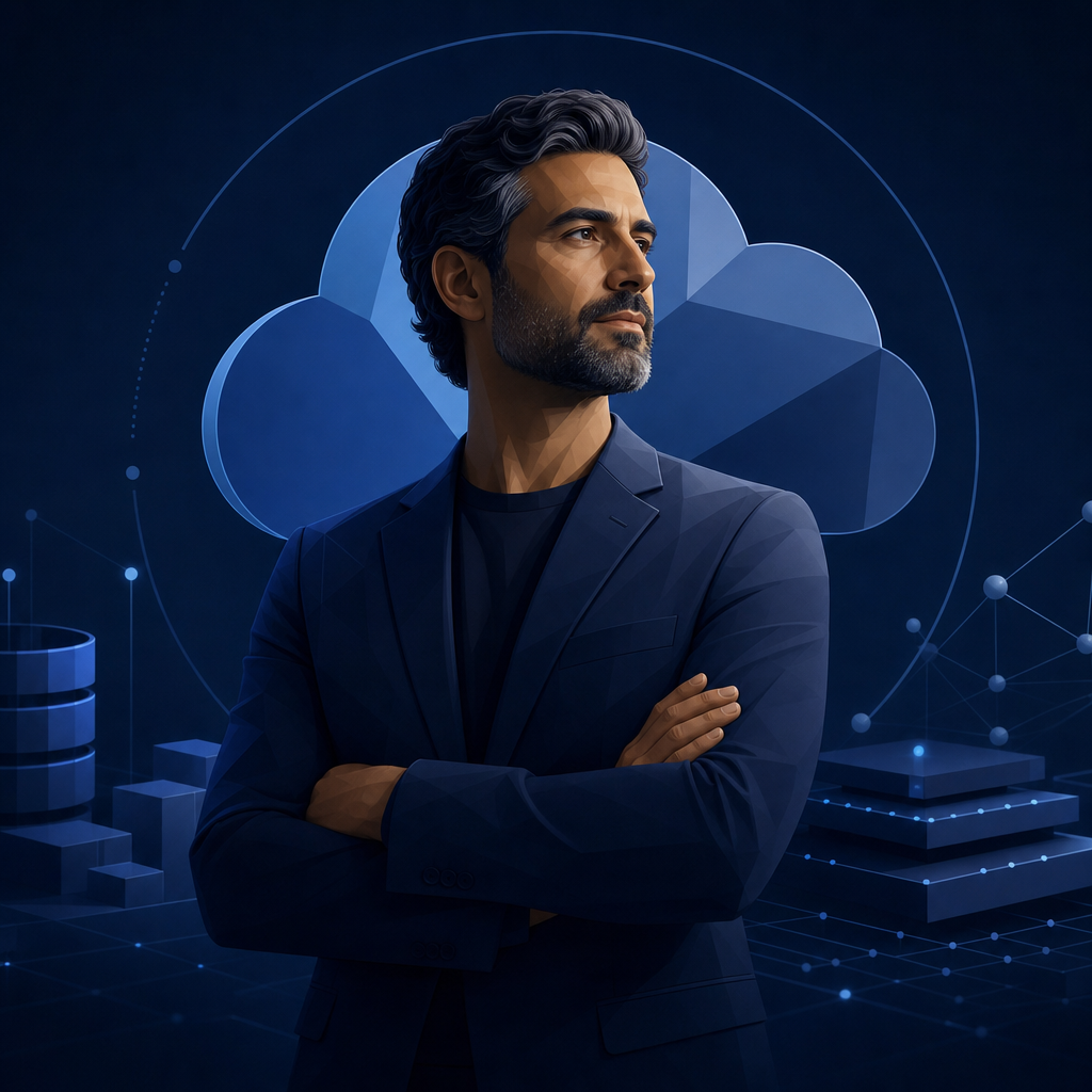 Abstract professional avatar with a deep navy blazer and minimalist cloud emblem, technical leadership style