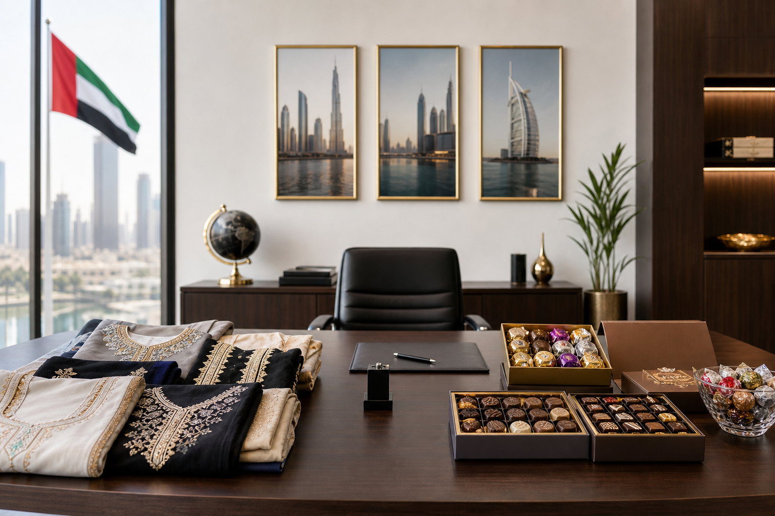 Professional UAE trading office environment with neatly arranged Mukhawar textiles and packaged confectionery samples, conveying premium corporate reliability
