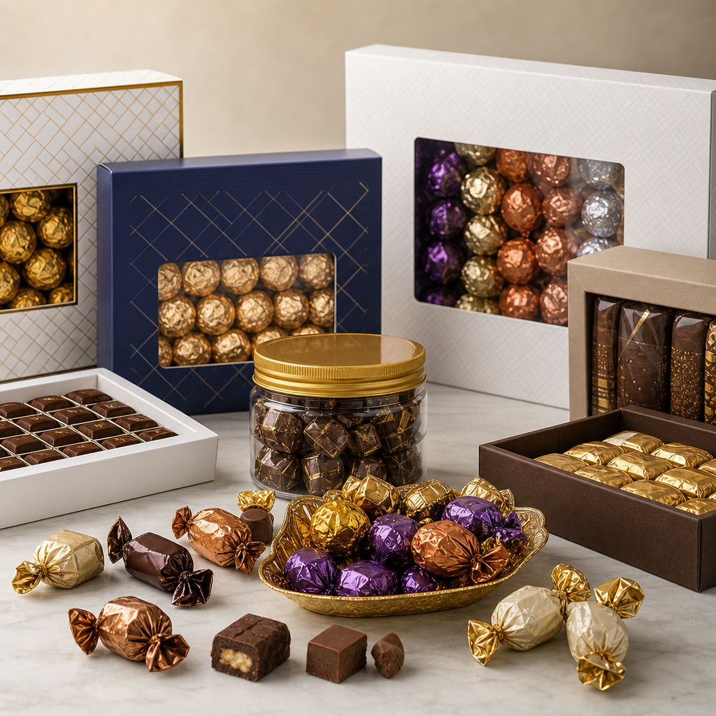 Close-up of assorted packaged confectionery products prepared for B2B shipment