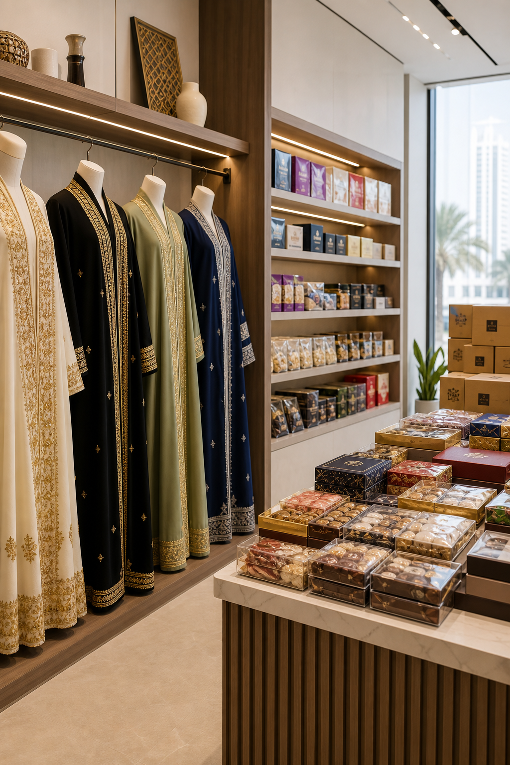 Elegant UAE trading display featuring premium Mukhawar garments and organized confectionery wholesale stock