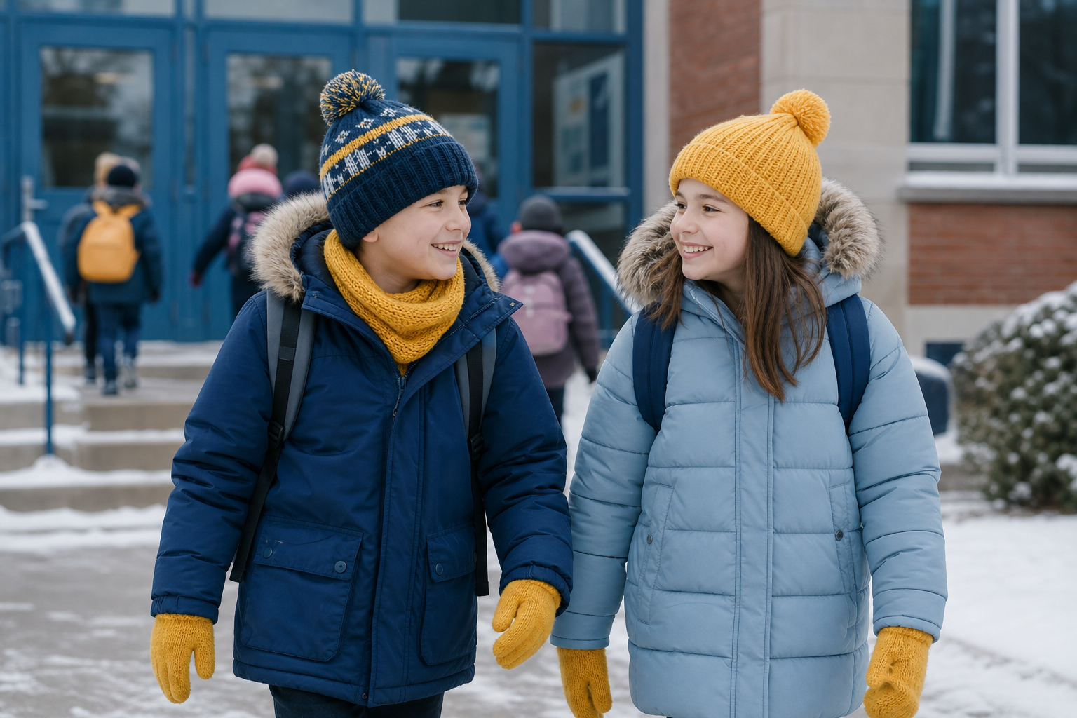 Two schoolchildren wearing new warm coats, hats and gloves, smiling together outside their school on a snowy morning