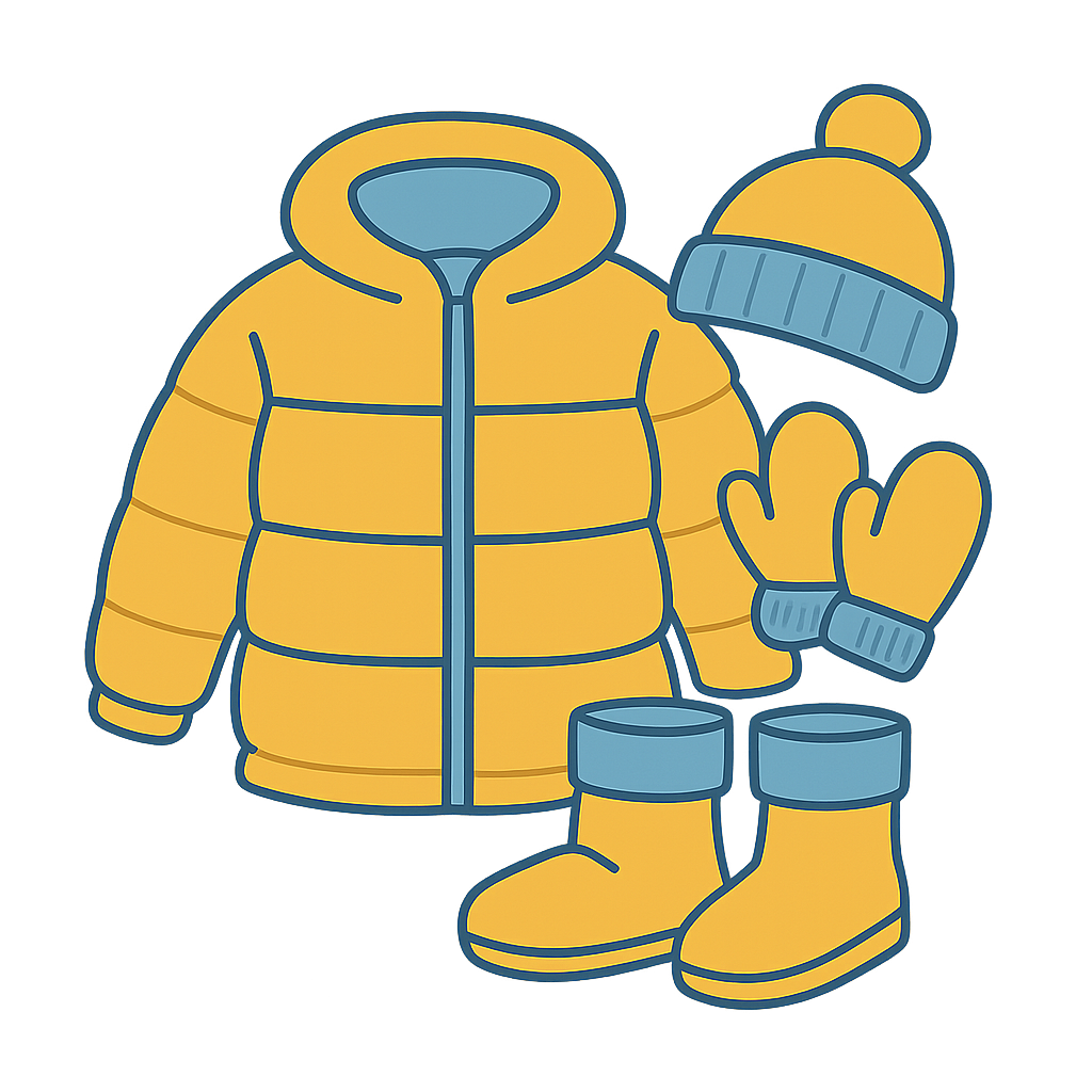 Illustration of a child's coat, boots, and mittens representing children's warmth packs