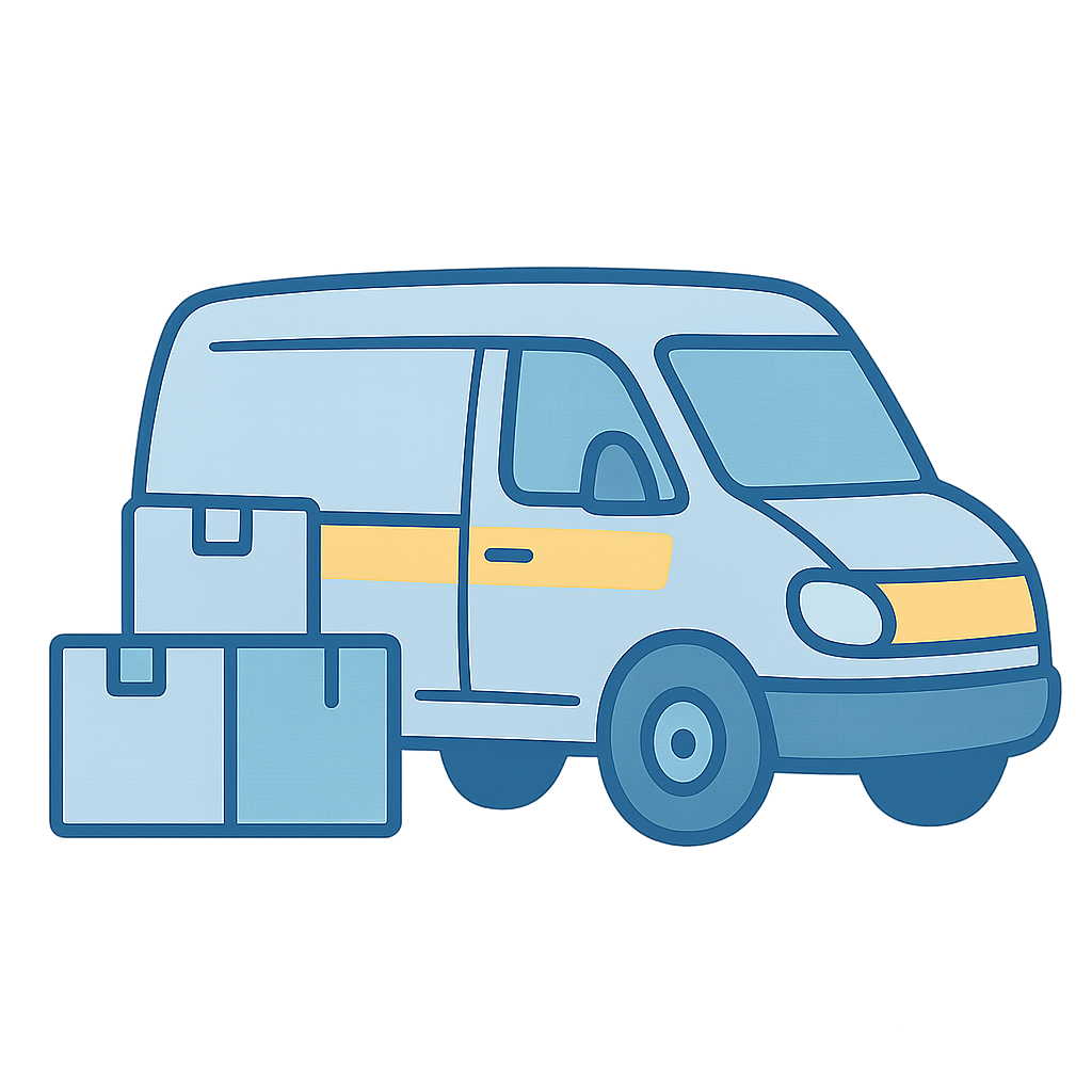 Illustration of a delivery van with supply boxes representing community delivery support