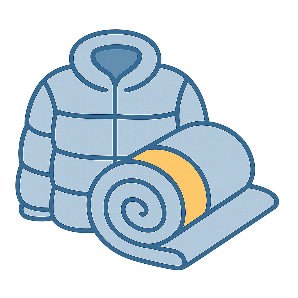 Illustration of an insulated coat and folded blanket representing emergency winter kits