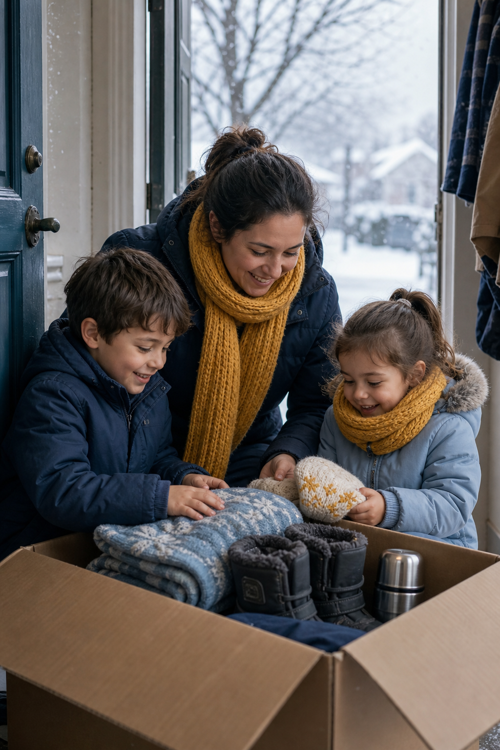 A mother and her two children unpacking a winter aid kit at their doorstep just before the first heavy snowfall