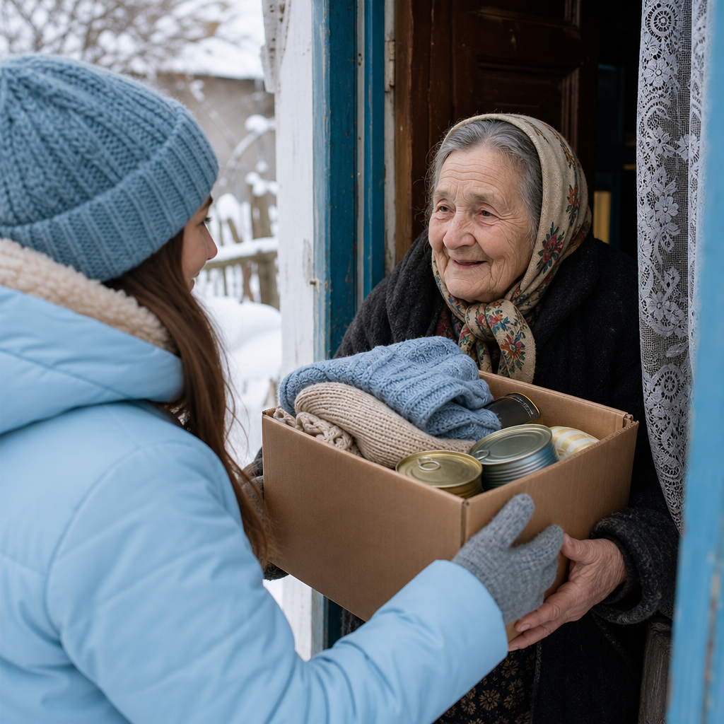 Volunteer handing a box of winter supplies to an elderly woman at her snowy doorstep