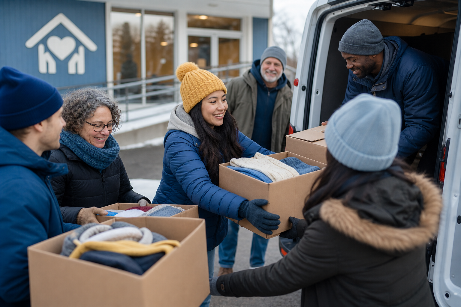 Local volunteers and community partners loading boxes of winter supplies into a van for delivery