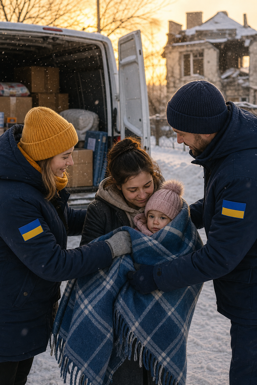 Volunteers wrapping a warm blanket around a mother and her child beside a supply van in the snow